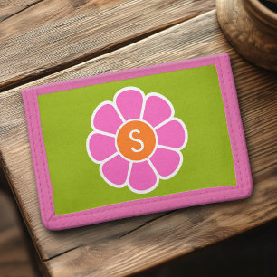 Groovy Pink Daisy with Custom Orange Monogram Tri-fold Wallet