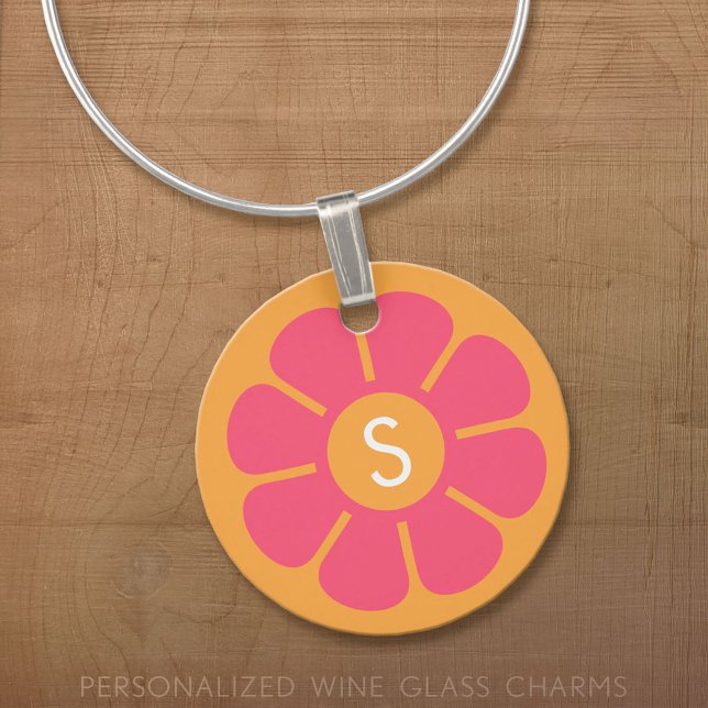 Groovy Pink Daisy with Custom Orange Monogram Wine Charm (Custom Wine Glass Charm)