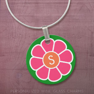 Groovy Pink Daisy with Custom Orange Monogram Wine Charm
