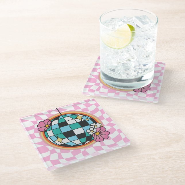Groovy Pink Disco Ball 60s Hippie Retro Checkered Glass Coaster (Angled)