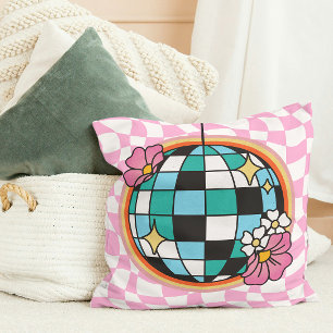 Groovy Pink Disco Ball 60s Hippie Retro Checkered Throw Pillow