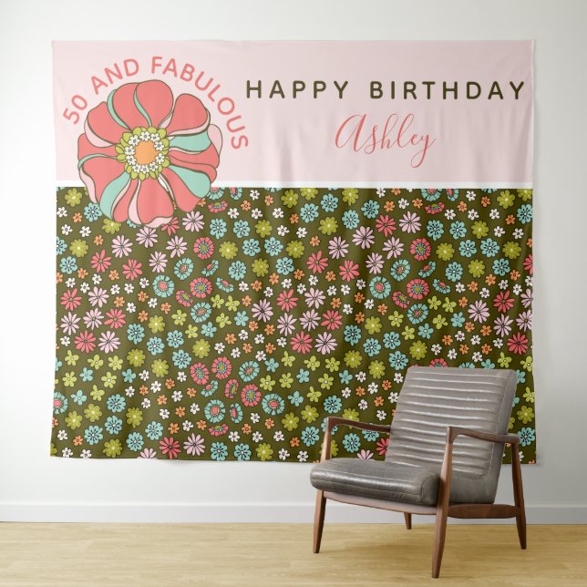 Groovy Pink Floral Birthday Photo Backdrop (In Situ (Horizontal))
