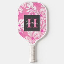 Groovy pink floral Monogram & Name Personalized Pickleball Paddle