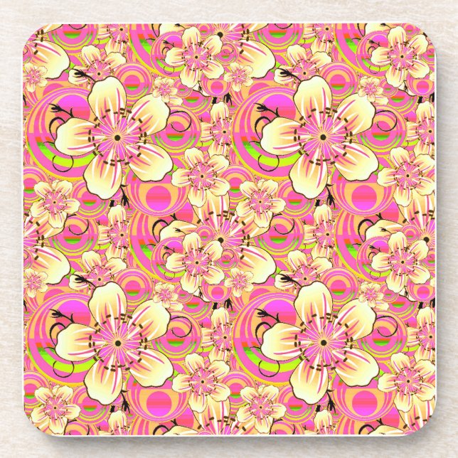 groovy pink flower pattern beverage coaster (Front)
