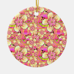 groovy pink flower pattern ceramic ornament