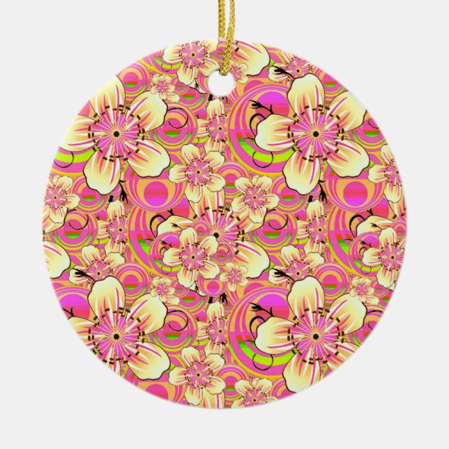 groovy pink flower pattern ceramic ornament (Front)