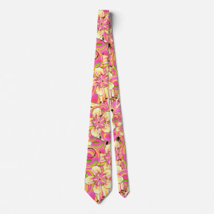 groovy pink flower pattern neck tie