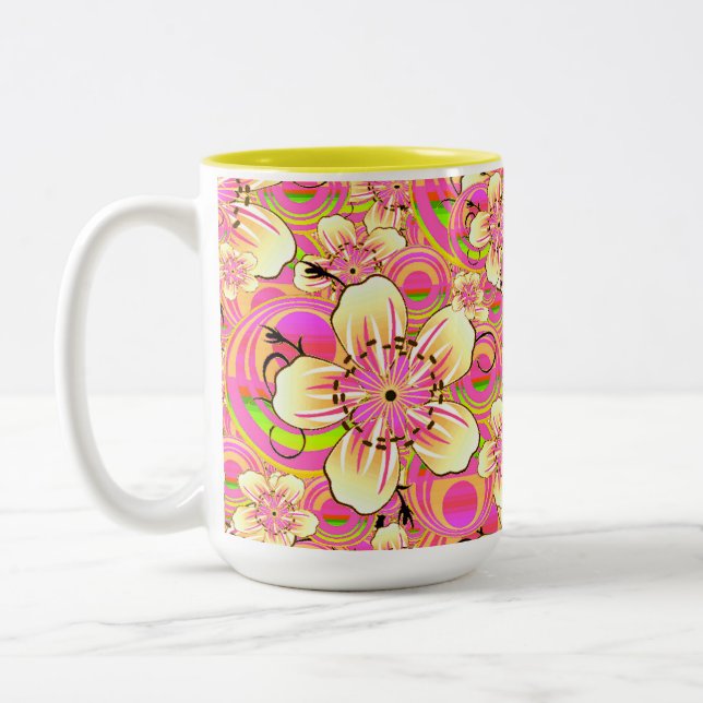 groovy pink flower pattern Two-Tone coffee mug (Left)