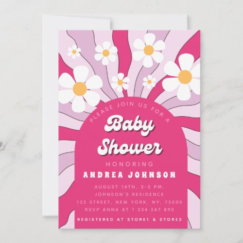 Groovy Pink Hippie Retro Daisy 70s Baby Shower Invitation