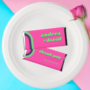 Groovy Pink Lime Teal 70s Wedding Hershey Bar Favors