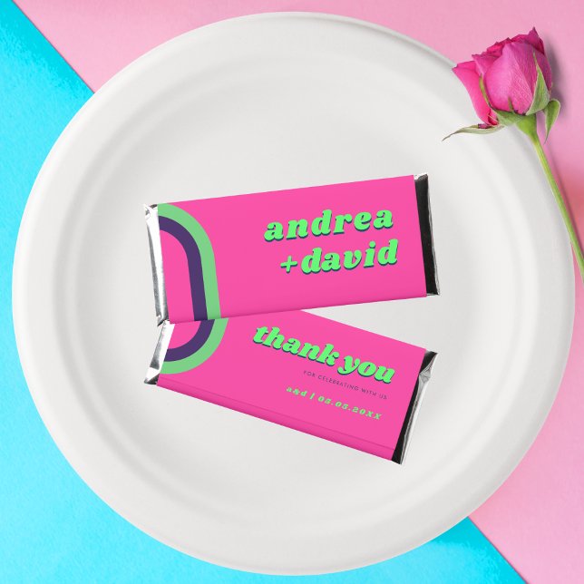 Groovy Pink Lime Teal 70s Wedding Hershey Bar Favors (Creator Uploaded)