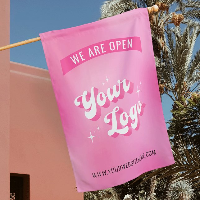 Groovy Pink Logo We Are Open Boutique Salon Flag (Creator Uploaded)