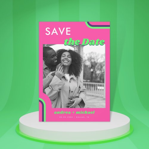 Groovy Pink Rainbow Photo Retro Wedding Website Save The Date