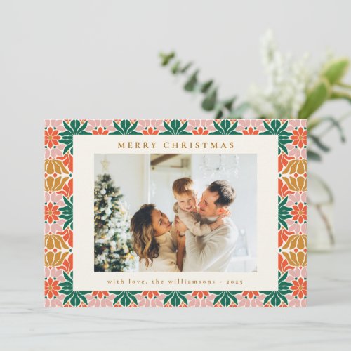 Groovy Pink Red Green Boho Floral Two Photo Holiday Card