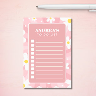 Groovy Pink Retro Daisy To Do List Name Checklist Post-it Notes