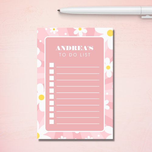 Groovy Pink Retro Daisy To Do List Name Checklist Post_it Notes