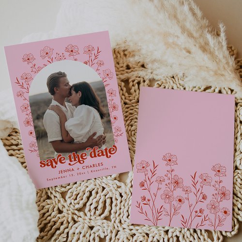 groovy pink retro floral photo save the date invitation