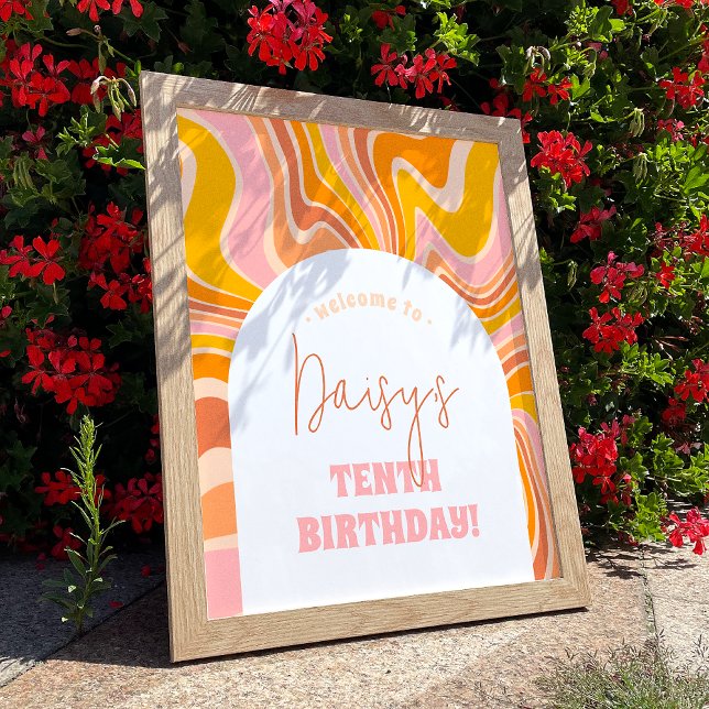 Groovy Pink Retro Girl Birthday Party Welcome Sign (Creator Uploaded)