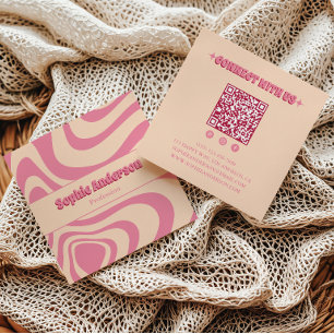 Groovy Pink Retro Wave with QR Code Square Business Card