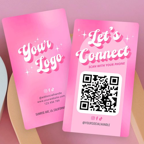 Groovy Pink Trendy Lets Connect Socials QR Code Business Card