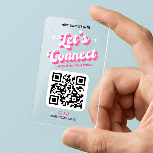 Groovy Pink Trendy Let's Connect Socials QR Code Clear Business Cards