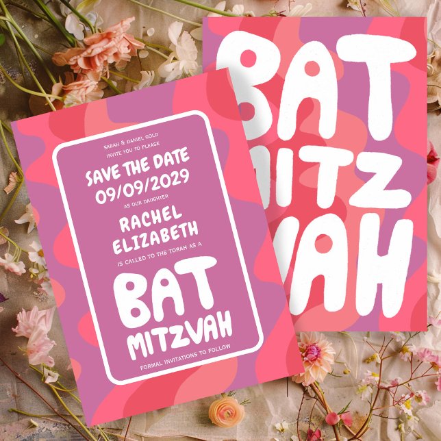 Groovy Pink Waves Custom Bat Mitzvah Save The Date (Groovy Pink Waves Custom Bat Mitzvah Save The Date
Card)