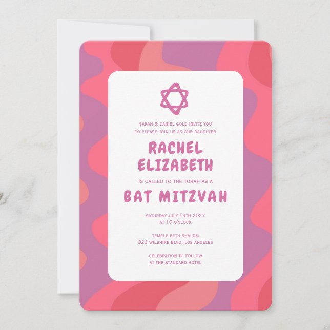 Groovy Pink Waves Star of David Custom Bat Mitzvah Invitation (Front)