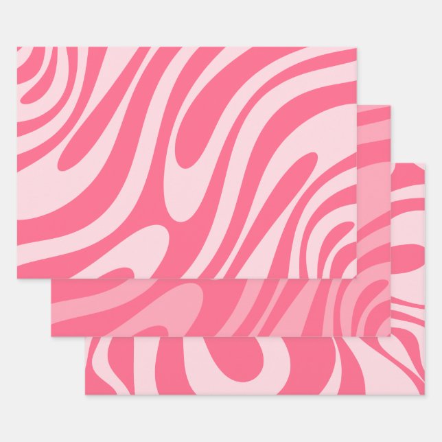 Groovy Pink Wavy Loops Retro Abstract Patterns Wrapping Paper Sheets (Set)