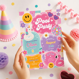 Groovy Pool Party Retro Smile Face Girl Birthday Invitation