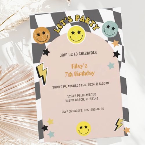 Groovy Preppy Y2K Happy Face Retro Birthday Invitation