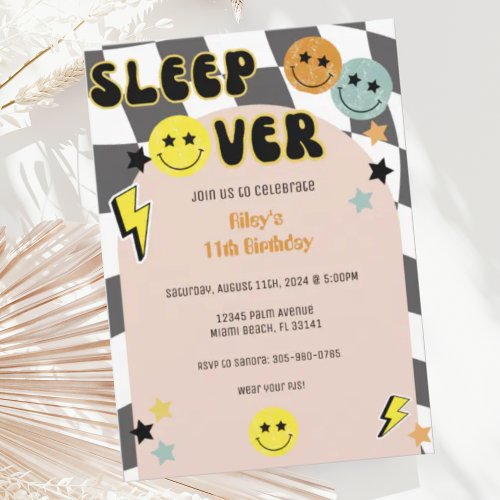 Groovy Preppy Y2K Happy Face Sleep Over Birthday Invitation