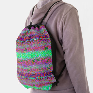 Groovy Psychedelic Deep Pink Neon Green Abstract Drawstring Bag