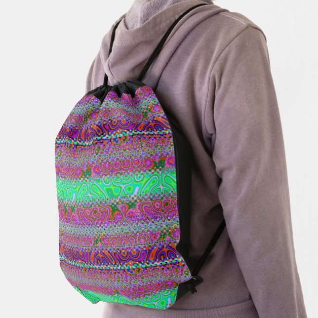 Groovy Psychedelic Deep Pink Neon Green Abstract Drawstring Bag (Insitu)