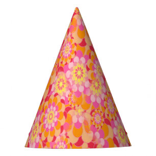 Groovy Psychedelic Pink Orange Hippy Flower Child Party Hat