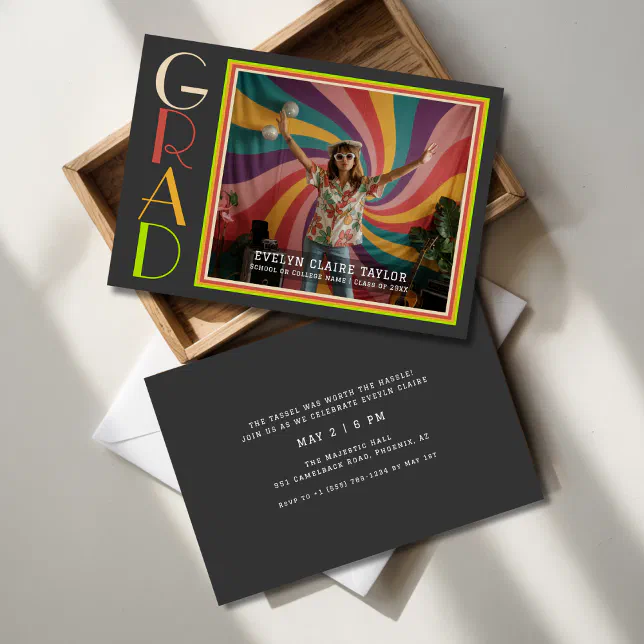 Groovy Psychedelic Retro Daisy Photo Graduation Invitation | Zazzle