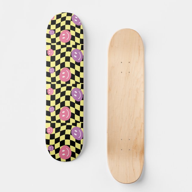 Groovy psychedelic Retro Smiley Checkerboard, Skateboard (Front)