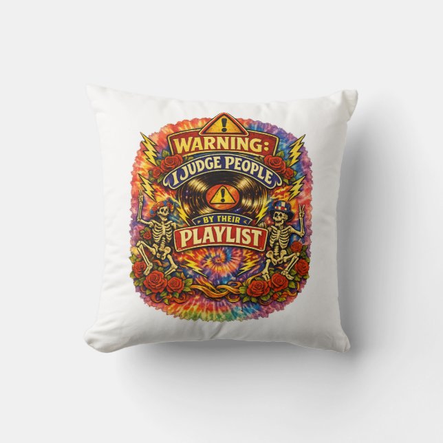 Groovy Psychedelic Skull & Roses Playlist T-Shirt Throw Pillow (Front)
