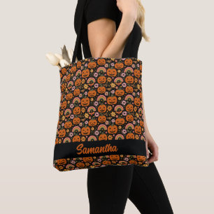 Groovy Pumpkin and Rainbow Halloween Floral Tote Bag