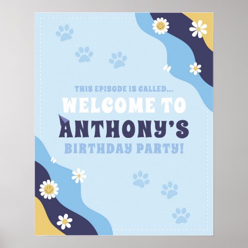 Groovy Puppy Welcome Sign Poster Birthday Blue