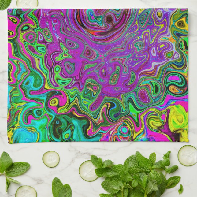 Groovy Purple Abstract Retro Liquid Swirl Kitchen Towel (Folded)