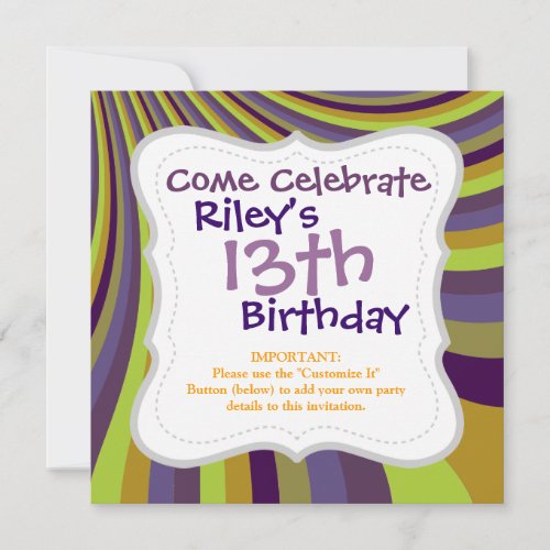 Groovy Purple and Green Rainbow Slide Stripes Patt Personalized Invitation