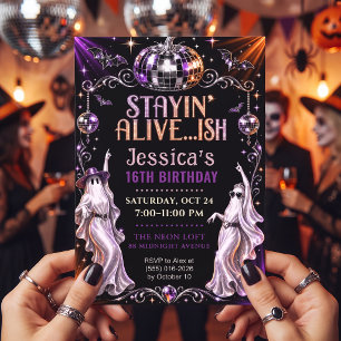 Groovy Purple Disco Ghost Sweet 16 Invite