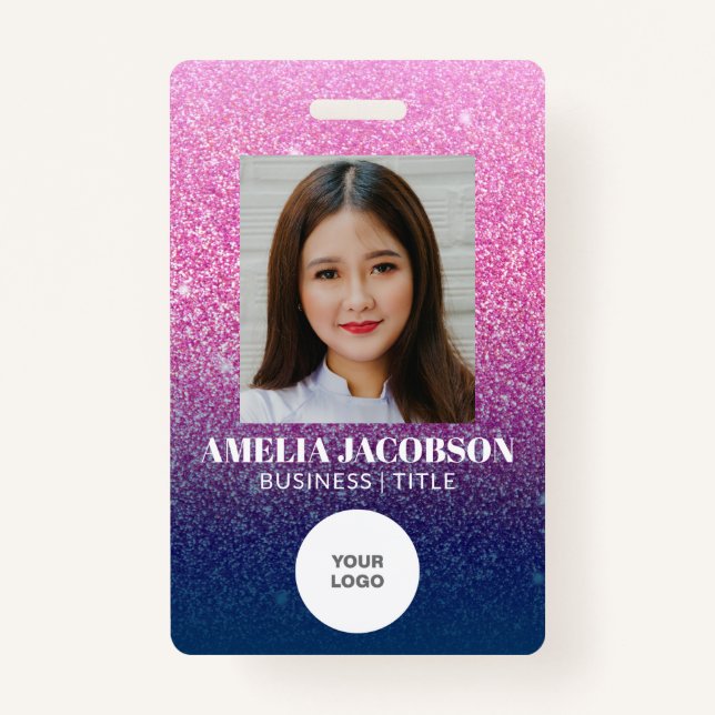 Groovy Purple Glitter Employee Photo ID Logo Badge (Front)