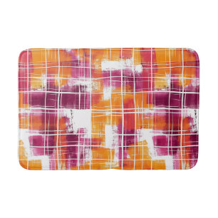 Groovy Purple Orange Plaid Stripes Bath Mat