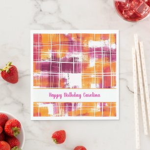 Groovy Purple Orange Plaid Stripes Birthday Napkins