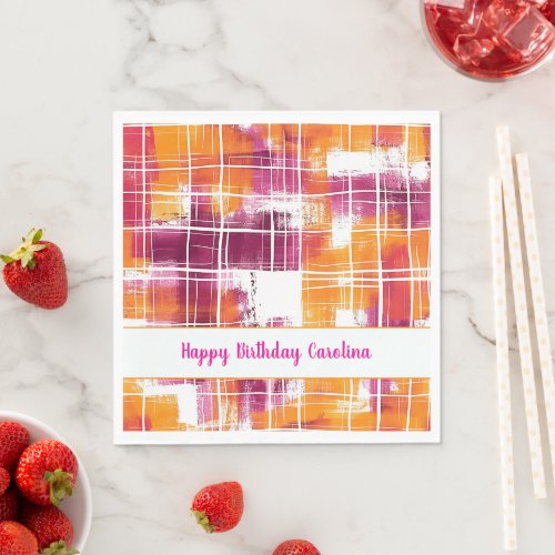 Groovy Purple Orange Plaid Stripes Birthday Napkins