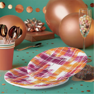 Groovy Purple Orange Plaid Stripes Birthday Paper Plates