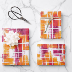 Groovy Purple Orange Plaid Stripes Birthday Wrapping Paper Sheets