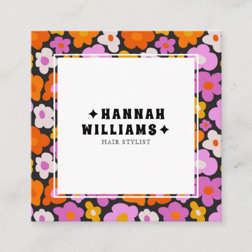 Groovy Purple Pink QR Code Floral Hair Stylist Square Business Card