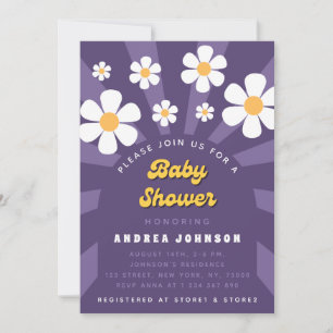 Groovy Purple Retro Hippie 70s Daisy Baby Shower Invitation